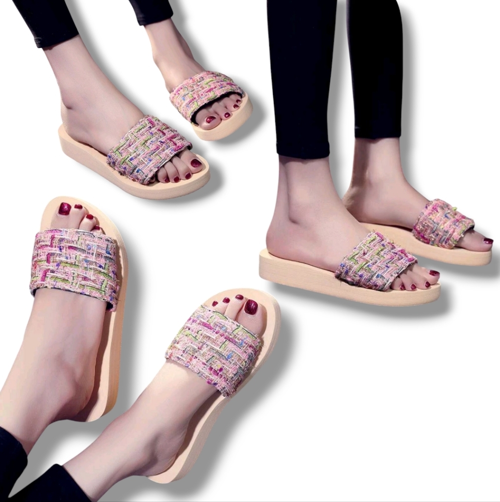 NEW 🩷 ANNIGEER Women's Pink Tweed Single  Band Wedged Slides